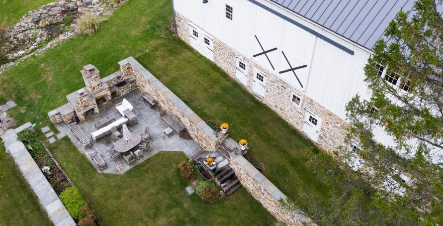 aerial view of restored barn and farmyard