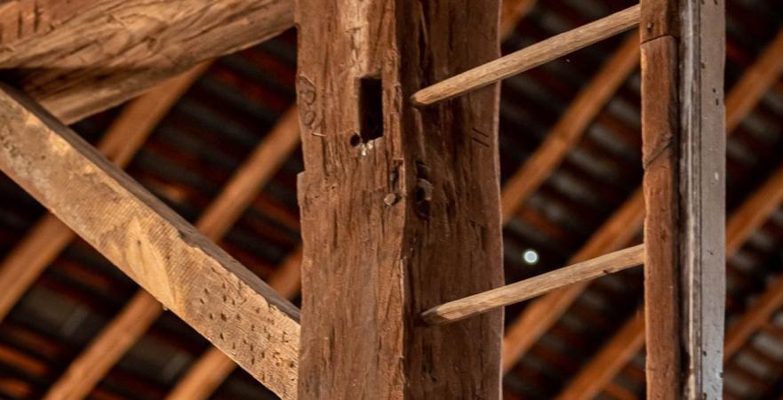 See the chisel marks on these upper-floor beams. 