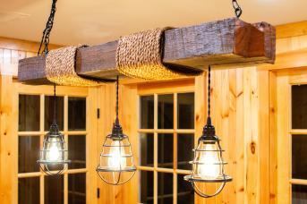 Barn Beam Chandelier with metal light covers 
