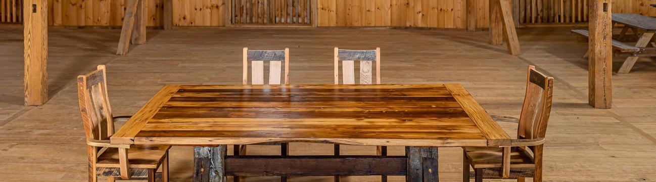 dining table with chairs and bench made with reclaimed wood