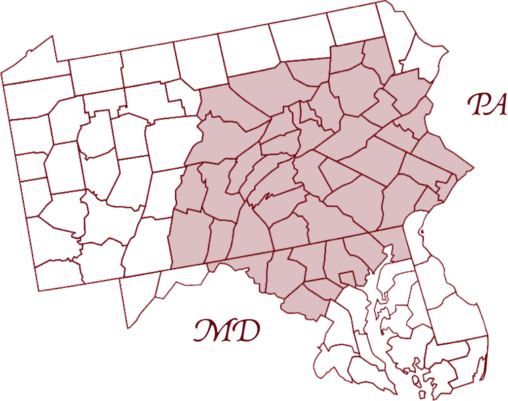 map of Pennsylvania and Maryland